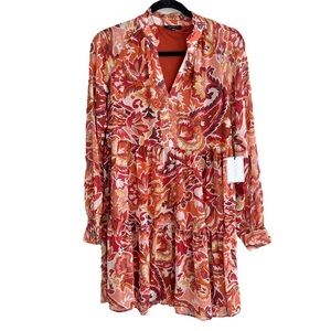 1 STATE Womens Dress XS Paisley Floral Print Long Sleeve Tiered Ruffle Neck NWT